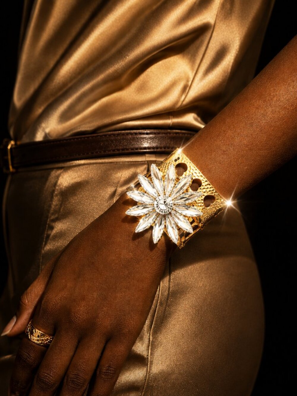 Gold Flower Open Cuff Bracelet | Crystal Adjustable Bangle